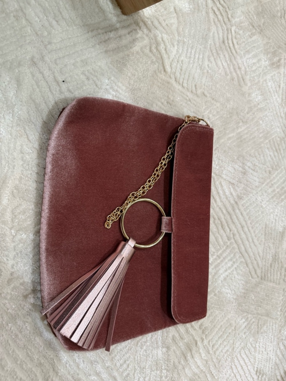 Fashion Bug Velvet Tassel Clutch in Mauve with Gold Ring - Picture 6 of 7